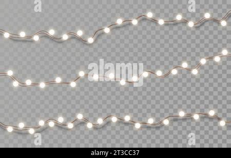 Electric garlands with white light bulbs. Christmas lights isolated on transparent background. Holiday decorations with glowing lights for Christmas Stock Vector