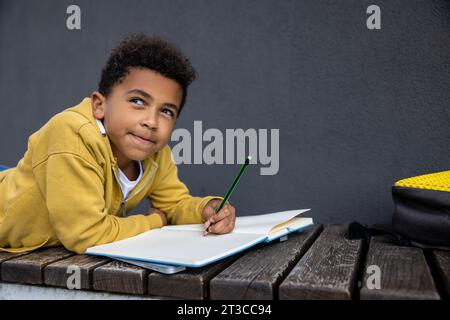 African american schoolboy doing lessons and looking involved Stock Photo