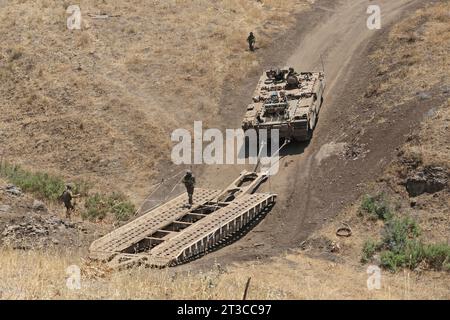 Engineer core of the Israel Defense Forces laying a temporary bridge. Stock Photo