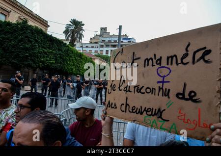 Tunis, Tunisia. 24th Oct, 2023. October 24, 2023: Tunis, Tunisia. 24 October 2023. A large protest is held outside the French embassy in Tunis to condemn France's support for the ongoing Israeli offensive in the Gaza Strip. The demonstration took place during French president Emanuel Macron's visit to Israel, during which he expressed his unconditional support for Israel' fight against the Palestinian militant group of Hamas in Gaza (Credit Image: © Hasan Mrad/IMAGESLIVE via ZUMA Press Wire) EDITORIAL USAGE ONLY! Not for Commercial USAGE! Credit: ZUMA Press, Inc./Alamy Live News Stock Photo