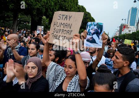 Tunis, Tunisia. 24th Oct, 2023. October 24, 2023: Tunis, Tunisia. 24 October 2023. A large protest is held outside the French embassy in Tunis to condemn France's support for the ongoing Israeli offensive in the Gaza Strip. The demonstration took place during French president Emanuel Macron's visit to Israel, during which he expressed his unconditional support for Israel' fight against the Palestinian militant group of Hamas in Gaza (Credit Image: © Hasan Mrad/IMAGESLIVE via ZUMA Press Wire) EDITORIAL USAGE ONLY! Not for Commercial USAGE! Credit: ZUMA Press, Inc./Alamy Live News Stock Photo