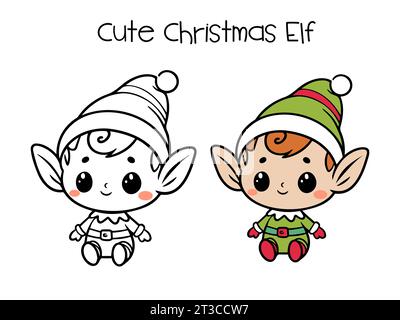 Cute Christmas elf, Santa's helper, line drawing vector illustration. Outlines. Stock Vector