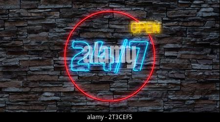 24 hours Neon signboards set Vector. Open all day neon signs, design template, modern trend design, night bright advertising, light banner, light art. Stock Photo