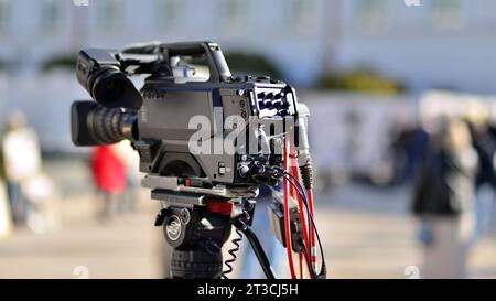 Warsaw, Poland. 24 October 2023. TV station camera under the Presidential Palace. Stock Photo