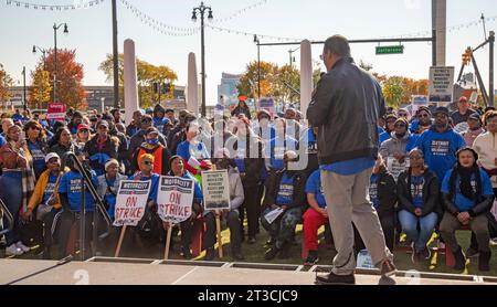 Detroit, Michigan, USA. 24th Oct, 2023. Casino workers rallied in downtown Detroit after the City Council voted in support of their strike for a better contract. The five unions in the Detroit Casino Council are beginning the second week of their strike against the MGM Grand, MotorCity Casino, and Hollywood Casino at Greektown. Credit: Jim West/Alamy Live News Stock Photo