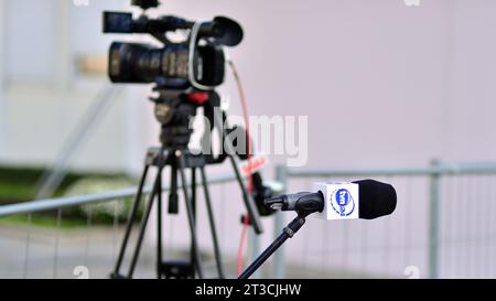 Warsaw, Poland. 24 October 2023. TV station camera under the Presidential Palace. Stock Photo