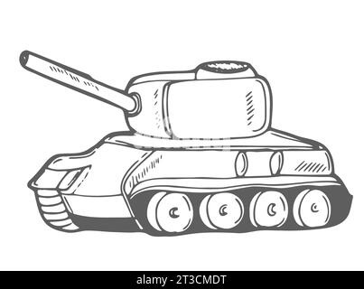 Tank icon in doodle sketch lines. Military weapon Stock Vector