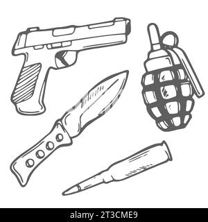 Hand drawn weapons doodle set with black lettering in vector Stock Vector