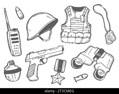 Military Soldier doodle icon set. War Style Vector illustration collection. Banner Hand drawn Line art style. Stock Vector