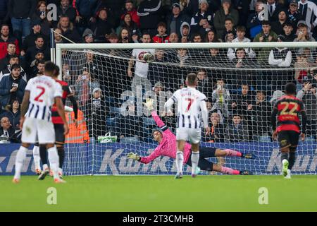 West Bromwich, UK. 24th Oct, 2023. QPR's goalkeeper, Asmir Begović is beaten by the penalty taken by West Bromwich Albion's Brandon Thomas-Asante during the EFL Sky Bet Championship match between West Bromwich Albion and Queens Park Rangers at The Hawthorns, West Bromwich, England on 24 October 2023. Photo by Stuart Leggett. Editorial use only, license required for commercial use. No use in betting, games or a single club/league/player publications. Credit: UK Sports Pics Ltd/Alamy Live News Stock Photo