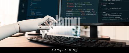 Futuristic technological advance of generative AI generating code for software development in automation concept. Robotic hand writing code on Stock Photo