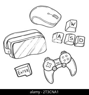 Set of gaming, playing icon doodles. Hand drawn sketched. Stock Vector