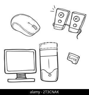 Electronic devices including computer, keyboard button, mouse and speakers. Stock Vector