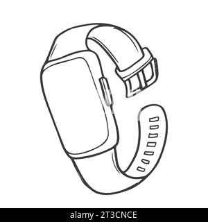 Smart watch line icon vector illustration. Hand drawn outline wearable wrist watch bracelet with wristband and tracker monitoring quality of sleep and Stock Vector