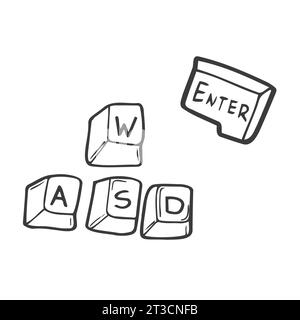 Keyboard. Wired device for entering information into a computer. The device consists of a set of keys. Vector illustration in doodle style. Outline on Stock Vector