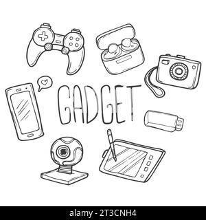 Hand drawn set of gadgets doodles with blue lettering Stock Vector