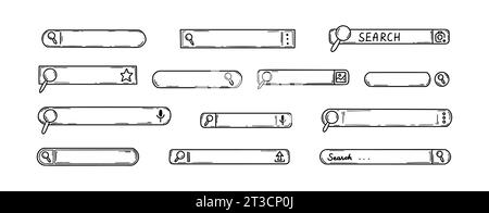 Doodle search bar set. Hand drawn internet information find. Website browser box sketch. Magnifying glass button. Computer interface Stock Vector