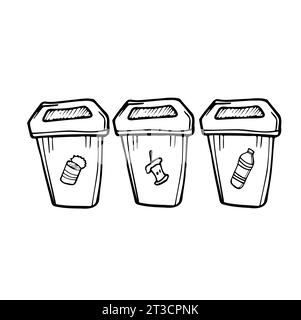 Recycling materials icons. Trash cans for waste sorting. Vector illustration, line design. List of materials: metal, organic, plastic. Earth day Stock Vector