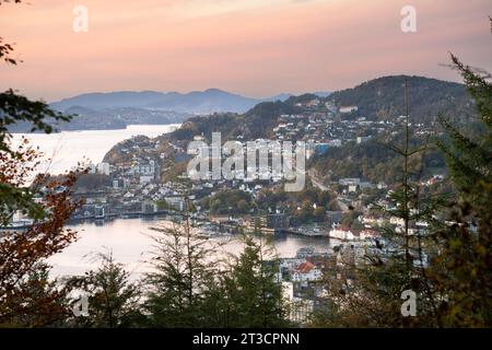 Bergen is a city on Norway’s southwestern coast. It's surrounded by mountains and fjords, including Sognefjord, the country’s longest and deepest Stock Photo