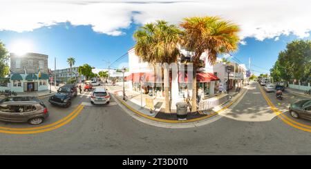 360 degree panoramic view of Key West, FL, USA - October 21, 2023: Tourists at Key West 360 equirectangular stock photo