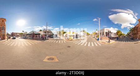 360 degree panoramic view of Key West, FL, USA - October 21, 2023: Middle of the street Key West 360 equirectangular stock photo