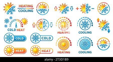 Hot and cold, heating, cooling temperature regulation, sun and snowflake climate control icon set. Winter, summer weather. Warm, freeze sensor. Vector Stock Vector