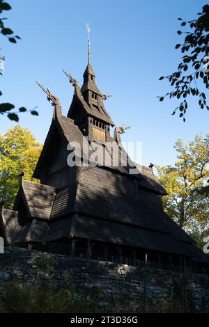 Fantoft Stave Church is a reconstructed stave church in the Fana borough of the city of Bergen norway Stock Photo