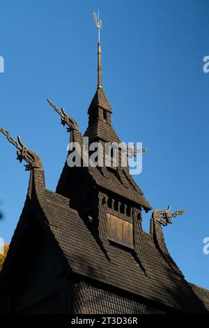 Fantoft Stave Church is a reconstructed stave church in the Fana borough of the city of Bergen norway Stock Photo