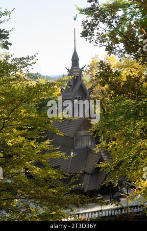 Fantoft Stave Church is a reconstructed stave church in the Fana borough of the city of Bergen norway Stock Photo