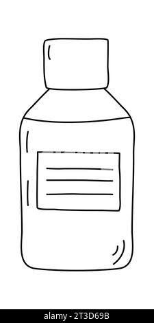 Glass bottle with screw cap, filled with liquid, cough syrup or medicine treatment, doodle style flat vector outline illustration for kids coloring book Stock Vector