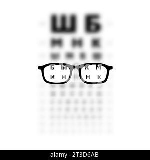 Glasses Optician In The Golovin Sivtsev table Eye test blurred, Vision Of Eyesight medical ophthalmologist testing with Cyrillic letters board Care Concept accessory vector illustration silhouette Stock Vector