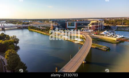 Waco, TX - September 22, 2023: Brazos River in front of McLane Stadium, home of the Baylor University Bears football team. Stock Photo