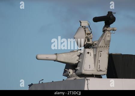 A Goalkeeper rotary cannon (Gatling-type) CIWS on BNS Leopold I (F930 ...