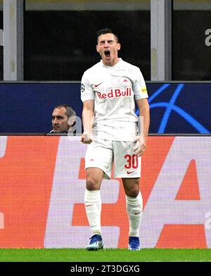 Milan, Italy. 24th Oct, 2023. Salzburg's Oscar Gloukh celebrates his goal during the UEFA Champions League Group D match between FC Inter and Salzburg in Milan, Italy, Oct. 24, 2023. Credit: Alberto Lingria/Xinhua/Alamy Live News Stock Photo