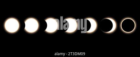 Full moon eclipse concept illustration. Set of moon phases or stages. Total sun eclipse and lunar cycle with glow. Vector elements collection for poster, banner, collage, brochure, leaflet, cover Stock Vector