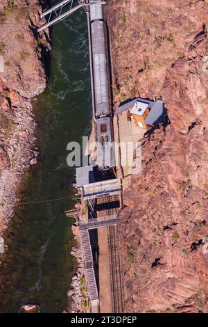 Royal Gorge Route Railroad, a heritage railroad, viewed from the Royal Gorge Suspension Bridge. This vintage train provides a two hour ride. Stock Photo