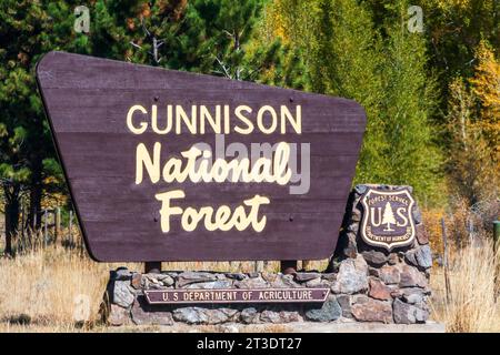 Sign welcoming visitors to Gunnison National Forest in Colorado. Stock Photo