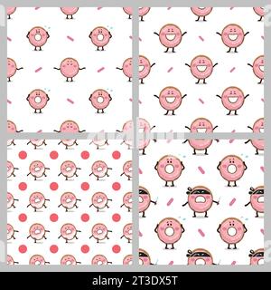 Happy Donut for baby clothes. Cartoon Donuts for designing baby clothes. Pink Doughnut seamless pattern collection, Cartoon Bohemian nursery prints. K Stock Vector