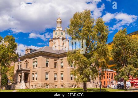 Colorful historic buidlings in the old mining town of Silverton, Colorado, which is a designated National Historic Landmark District. Stock Photo