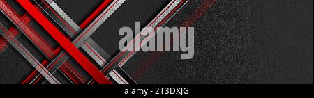 Tech red stripes on abstract dark grunge corporate header banner. Vector geometric background Stock Vector