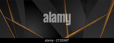 Black tech geometric polygonal background with golden shiny lines. Abstract vector banner Stock Vector
