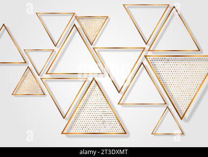 Golden triangles and shiny dots on grey background. Geometric shiny vector design Stock Vector