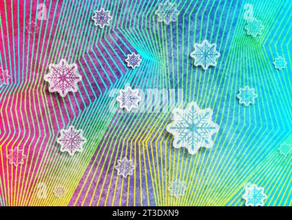 Geometric holographic Christmas background with snowflakes and refracted lines. Vector design Stock Vector