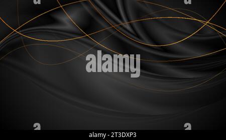 Black glossy smooth waves with curved golden lines abstract background. Vector design Stock Vector