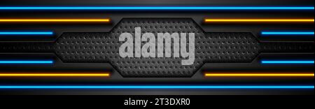 Futuristic perforated technology abstract background with blue orange neon glowing lines. Vector concept banner design Stock Vector