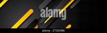 Black and orange stripes on dark perforated metallic background. Hi-tech vector wide banner design Stock Vector