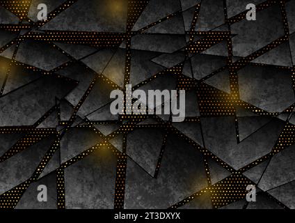 Black grunge low poly abstract background with shiny golden dots. Geometric vector design Stock Vector