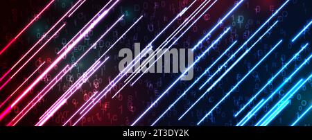 Futuristic technology neon abstract background with binary code numbers, letters and glowing laser lines. Dark blue and red backdrop. Concept vector d Stock Vector