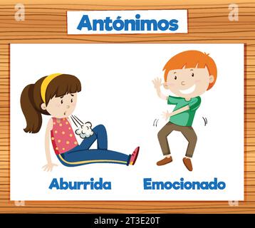 Illustrated picture card in Spanish depicting the antonyms 'aburrida' (bored) and 'emocionado' (excited) for educational purposes Stock Vector