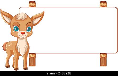 A lively cartoon deer stands proudly in front of a signboard banner Stock Vector